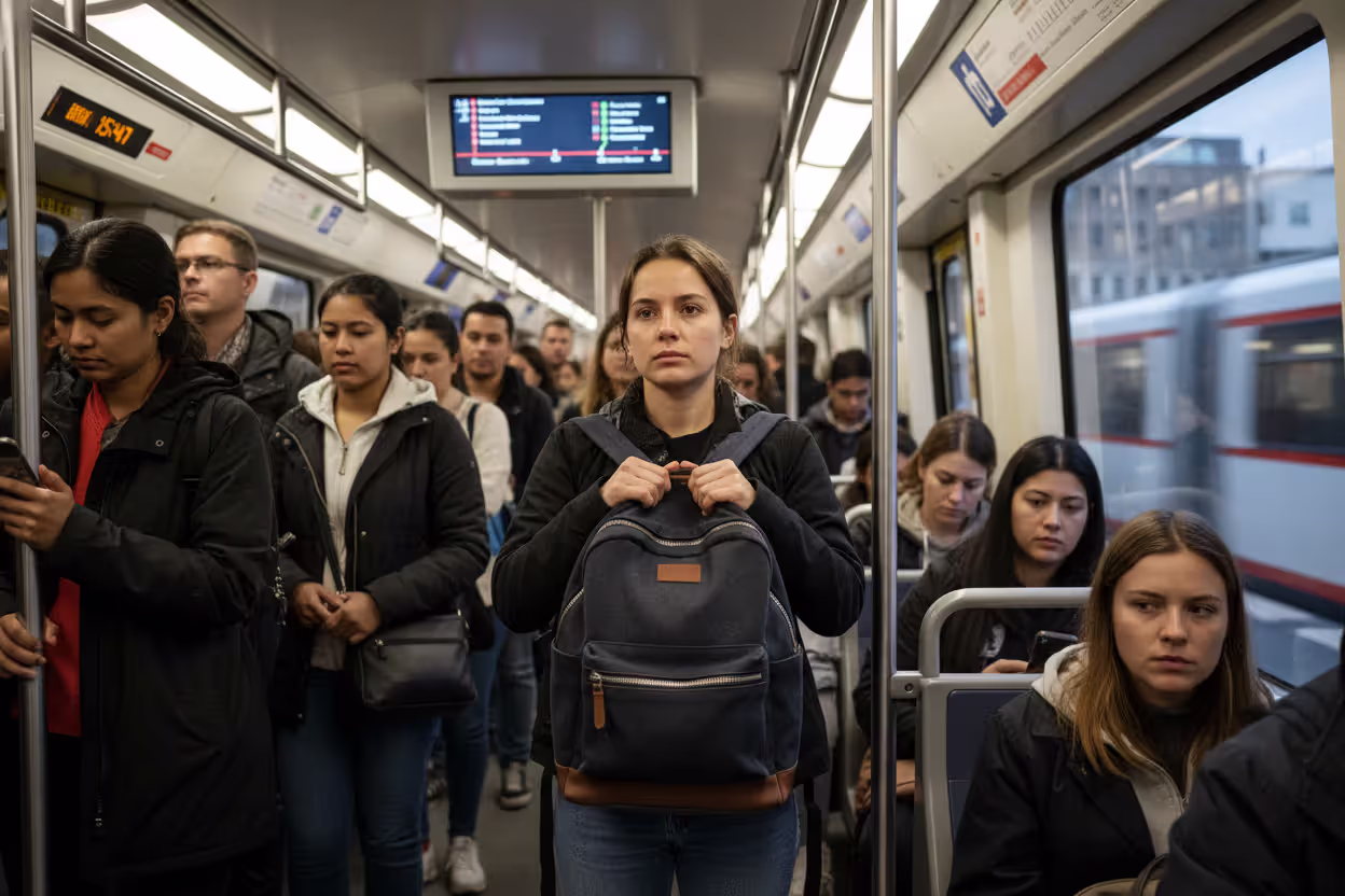 Traveler holding a bag securely in a crowded metro