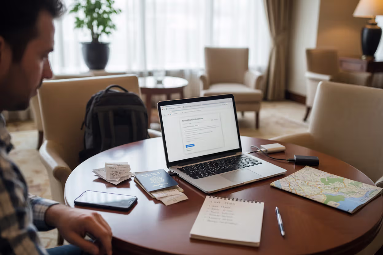 Traveler organizing receipts and documents for an insurance claim