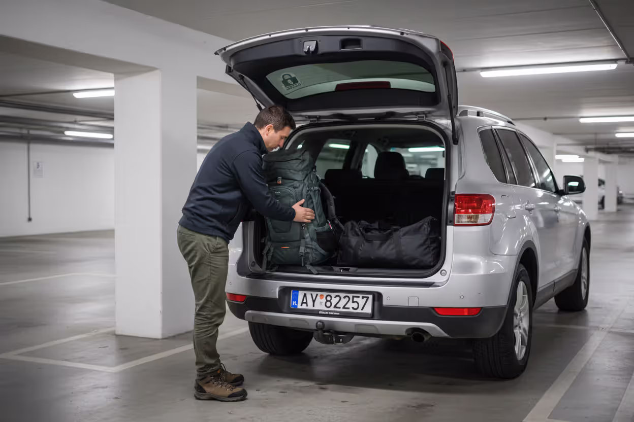 Traveler placing bags in a locked car trunk