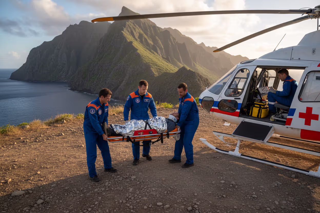 Medical evacuation helicopter assisting an injured traveler in a remote area