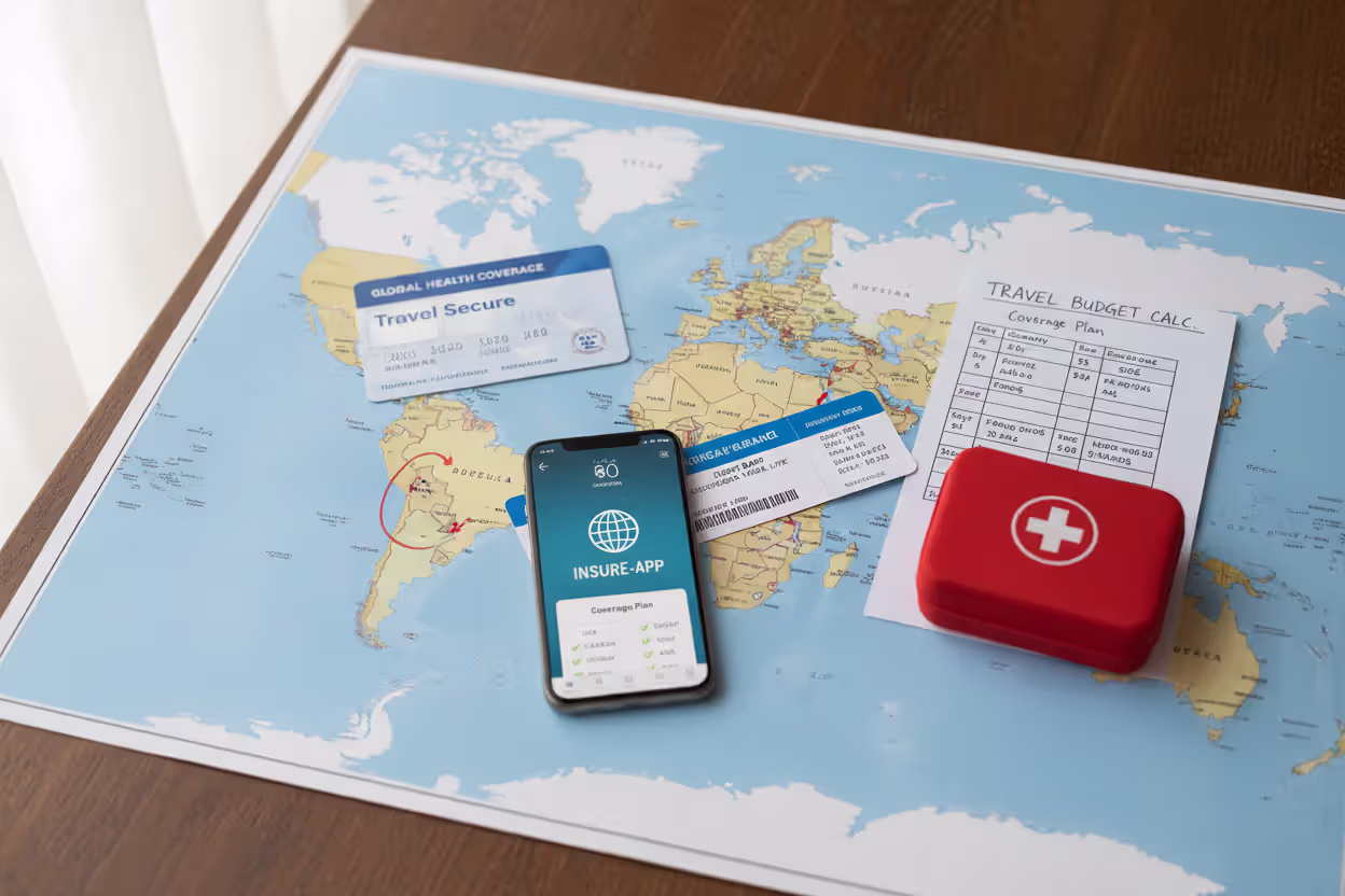 Travel insurance planning with world map, policy documents, and medical essentials