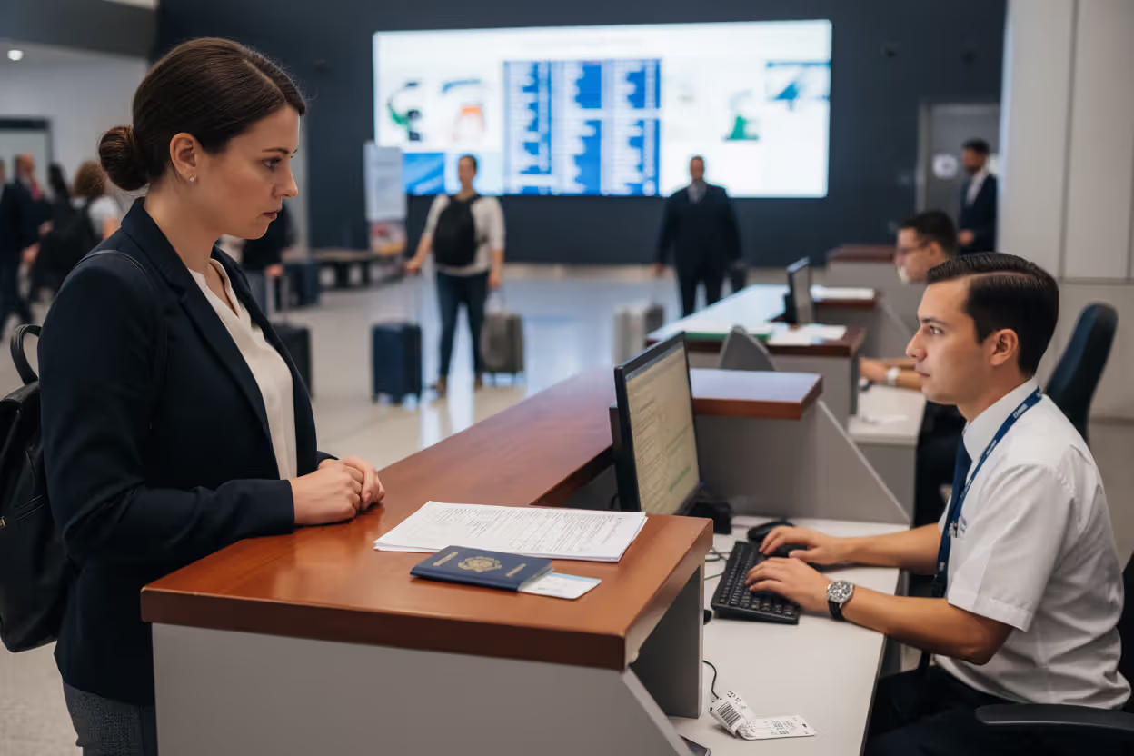 Passenger filing a lost baggage report at an airport service desk