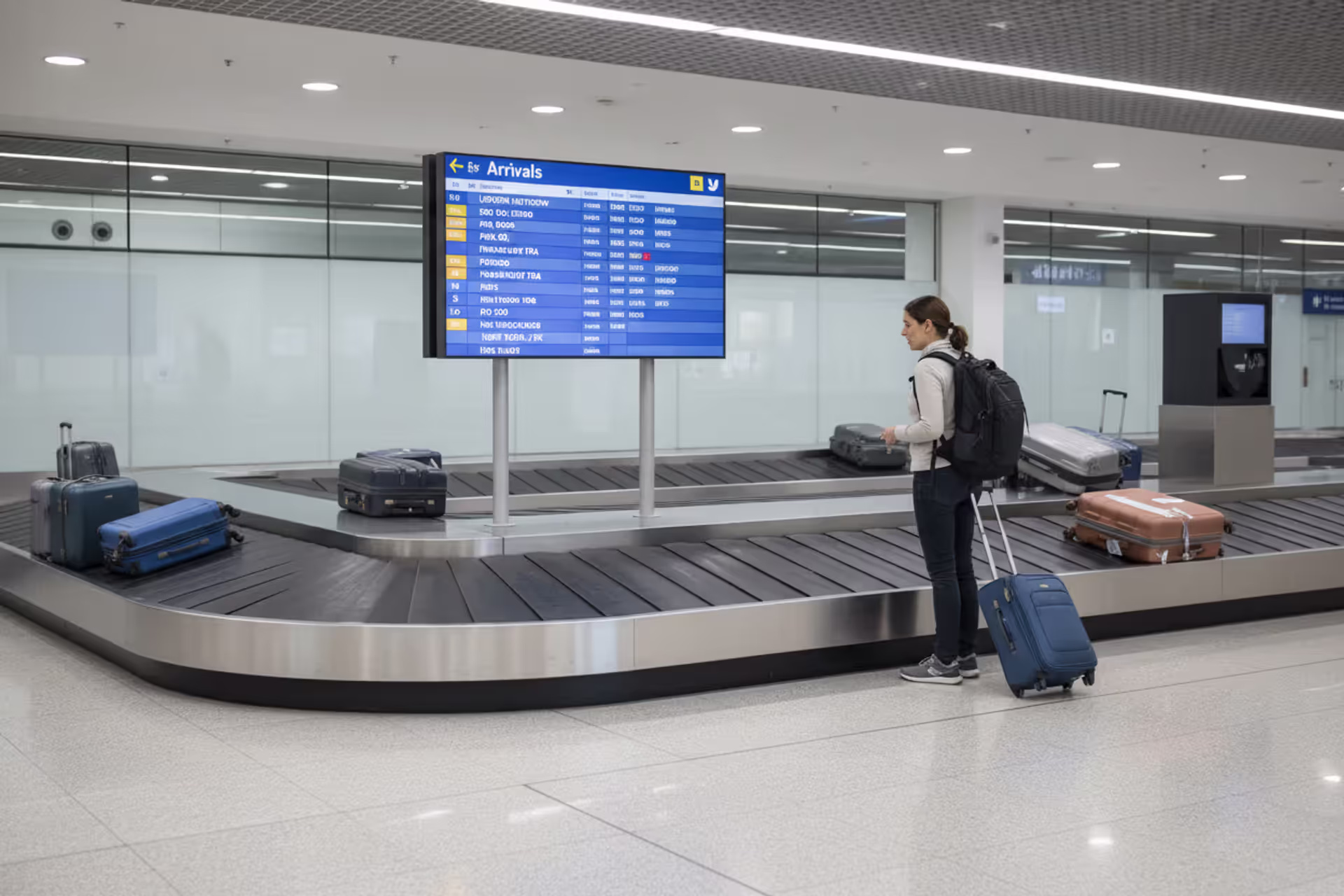 Traveler waiting at an airport baggage carousel for missing luggage