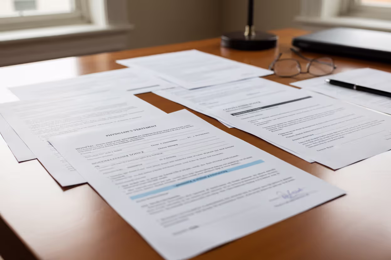 Medical and travel documents prepared for an insurance cancellation claim