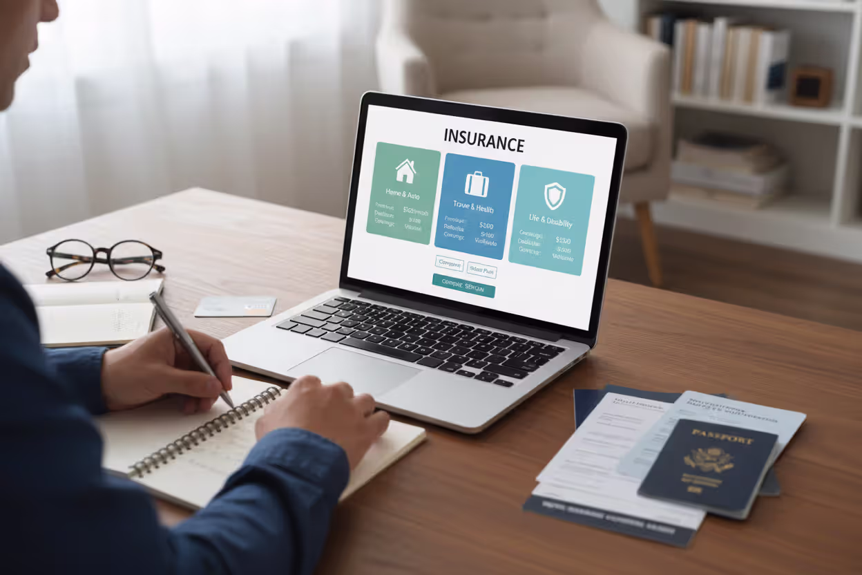 Traveler comparing travel insurance plan options on a laptop