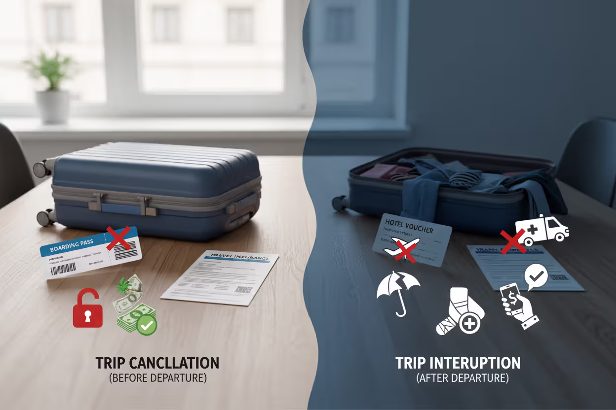 Travel insurance documents showing trip cancellation versus trip interruption concepts
