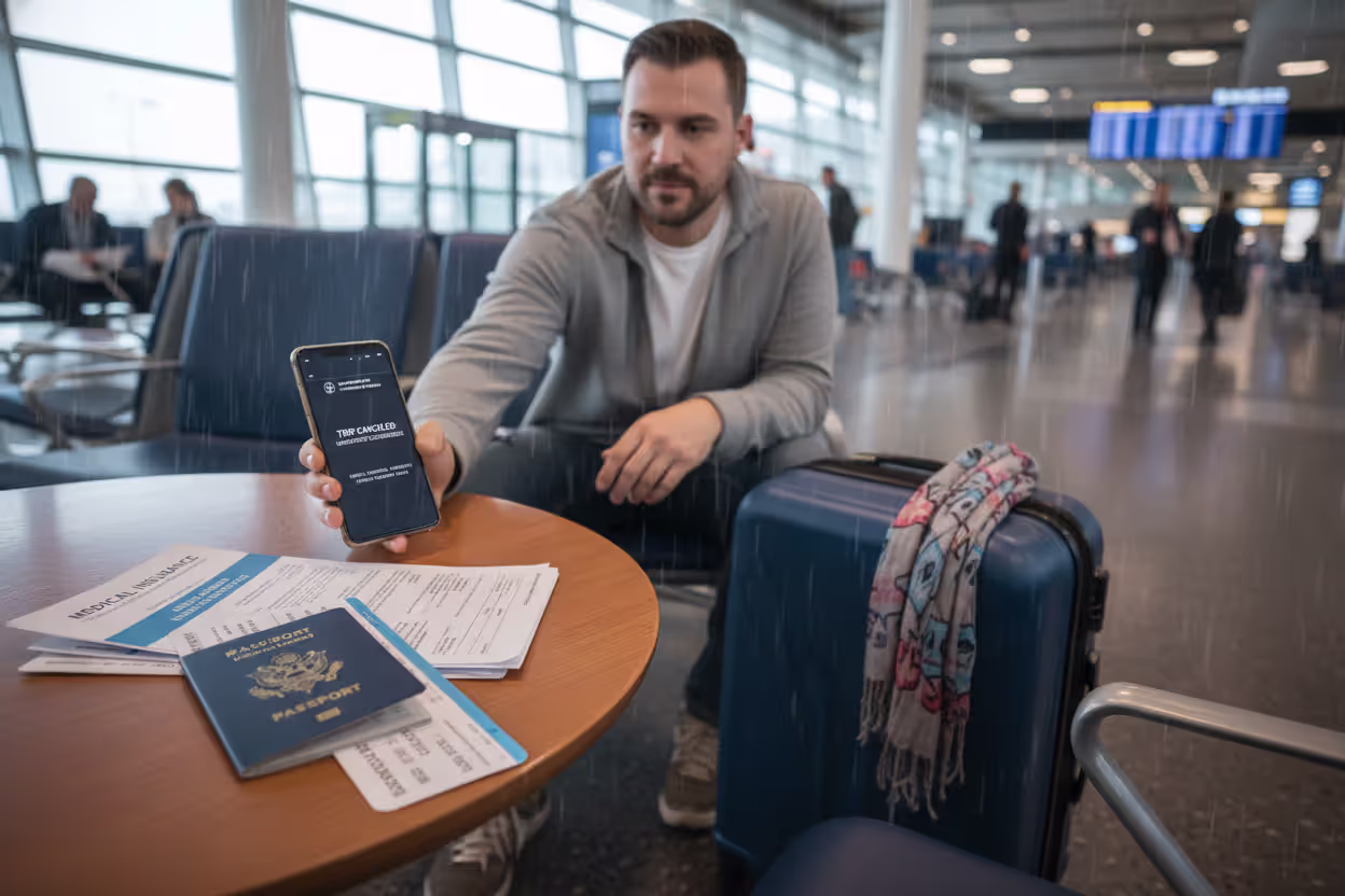 Traveler reviewing trip disruption information with passport, luggage, and insurance papers