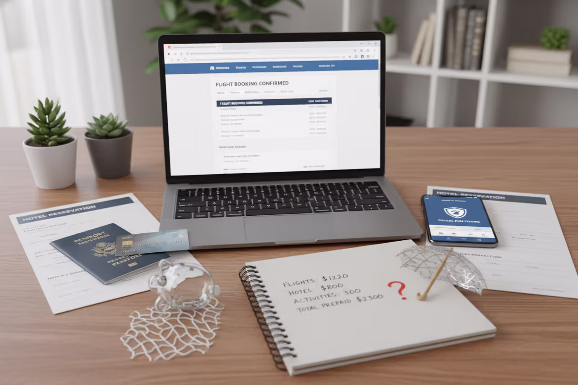 Traveler planning a trip with booking documents, passport, card, and laptop at home
