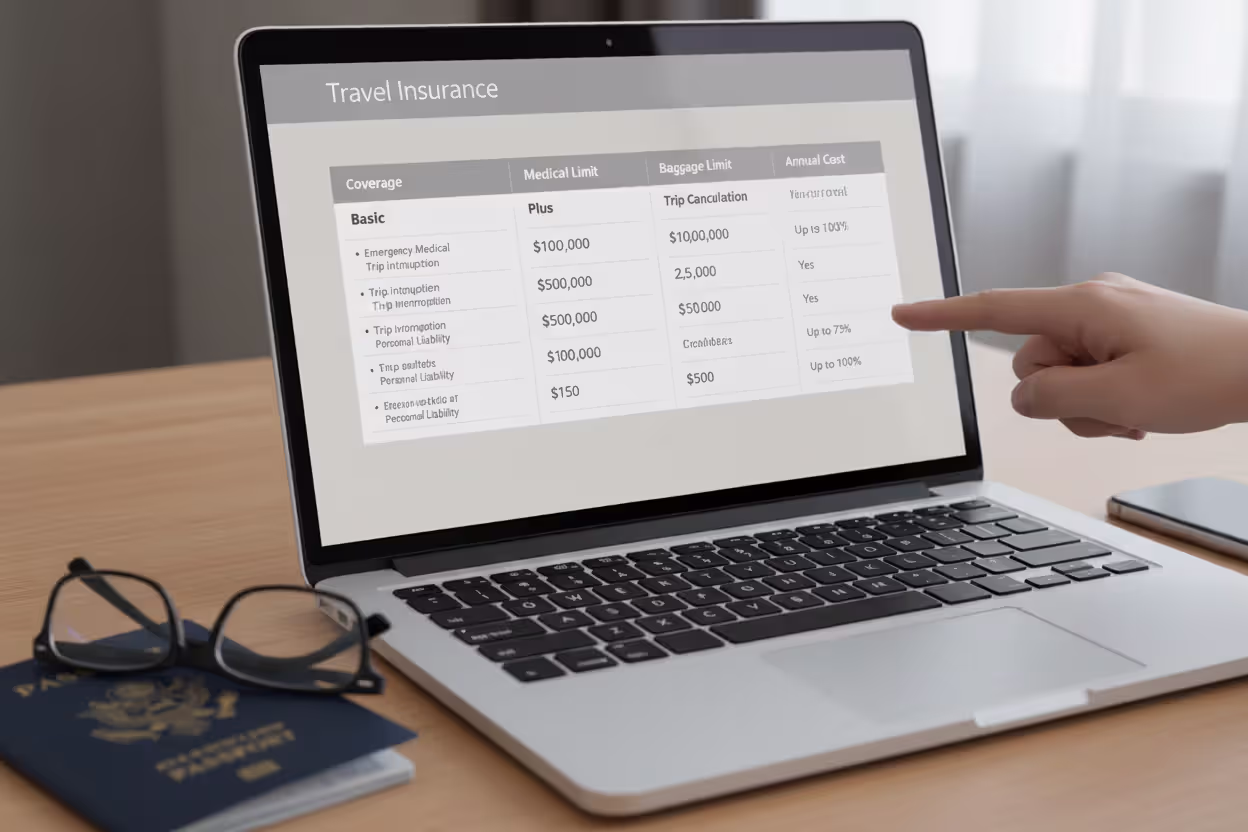 Comparing travel protection plans on a laptop with passport and phone nearby