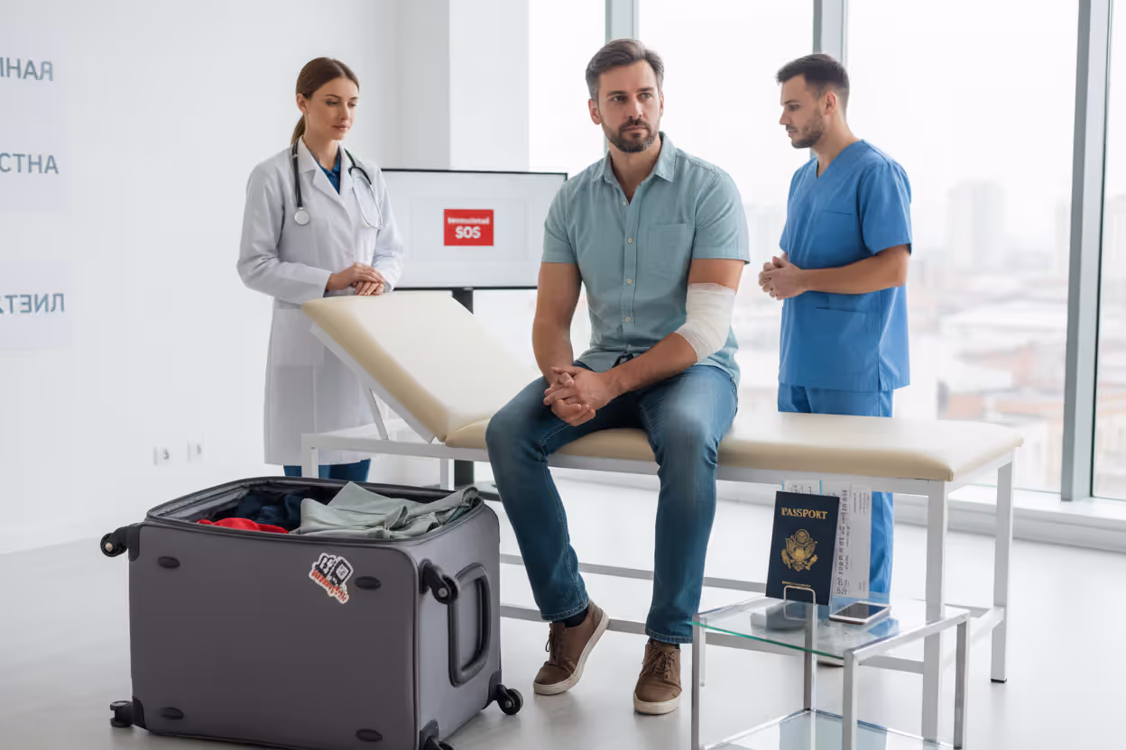 Traveler receiving medical assistance abroad with luggage and passport nearby