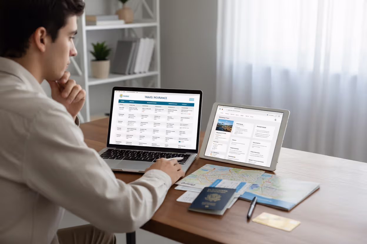 Traveler comparing multiple trip protection quotes on laptop and tablet