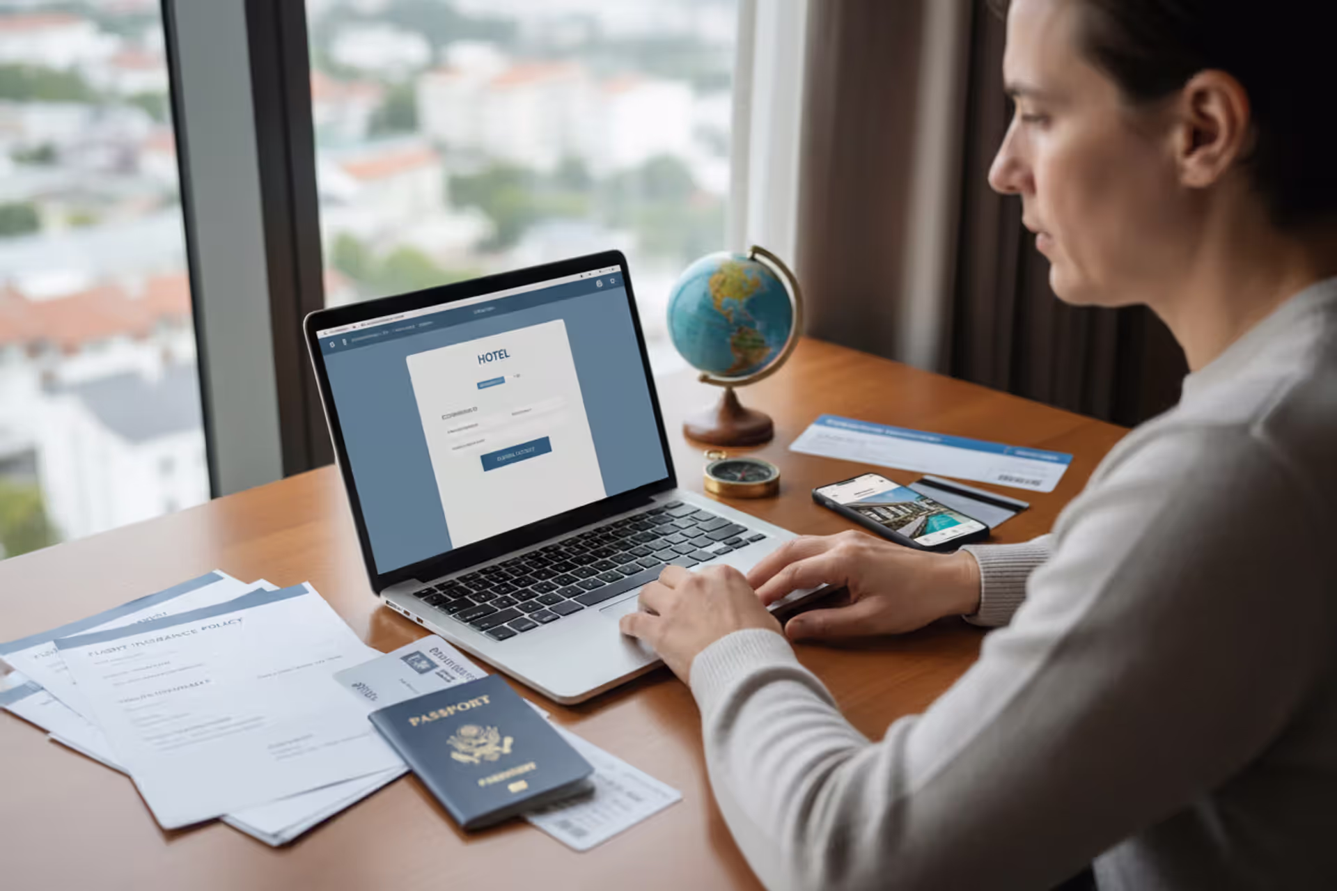 Traveler reviewing trip bookings, insurance documents, and travel budget at a desk