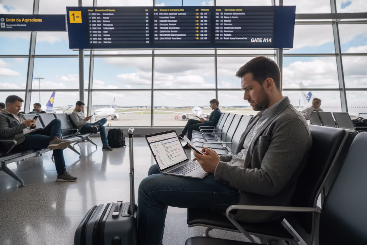 Traveler at an airport urgently changing return plans