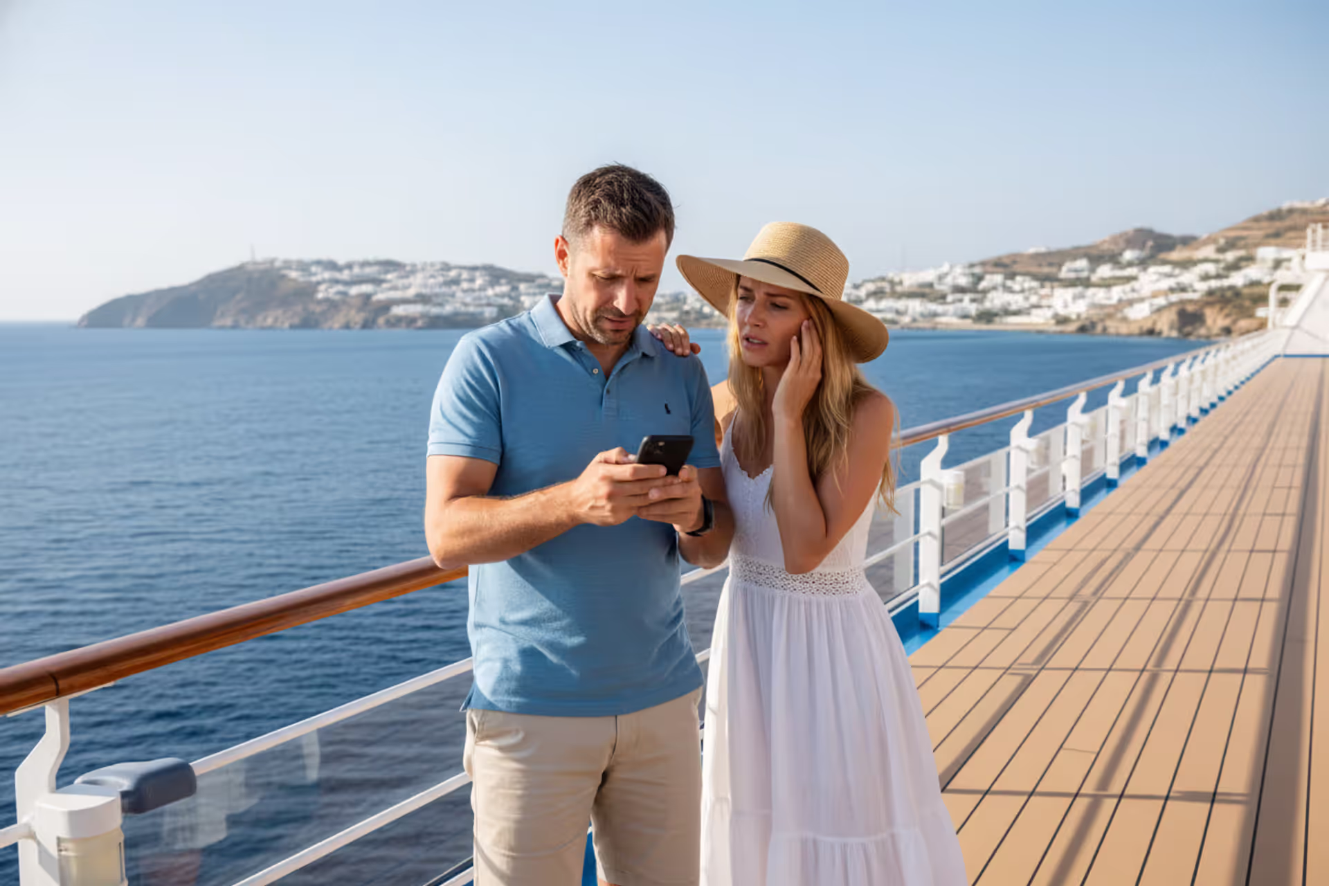 Couple on a Mediterranean cruise receiving an urgent phone call