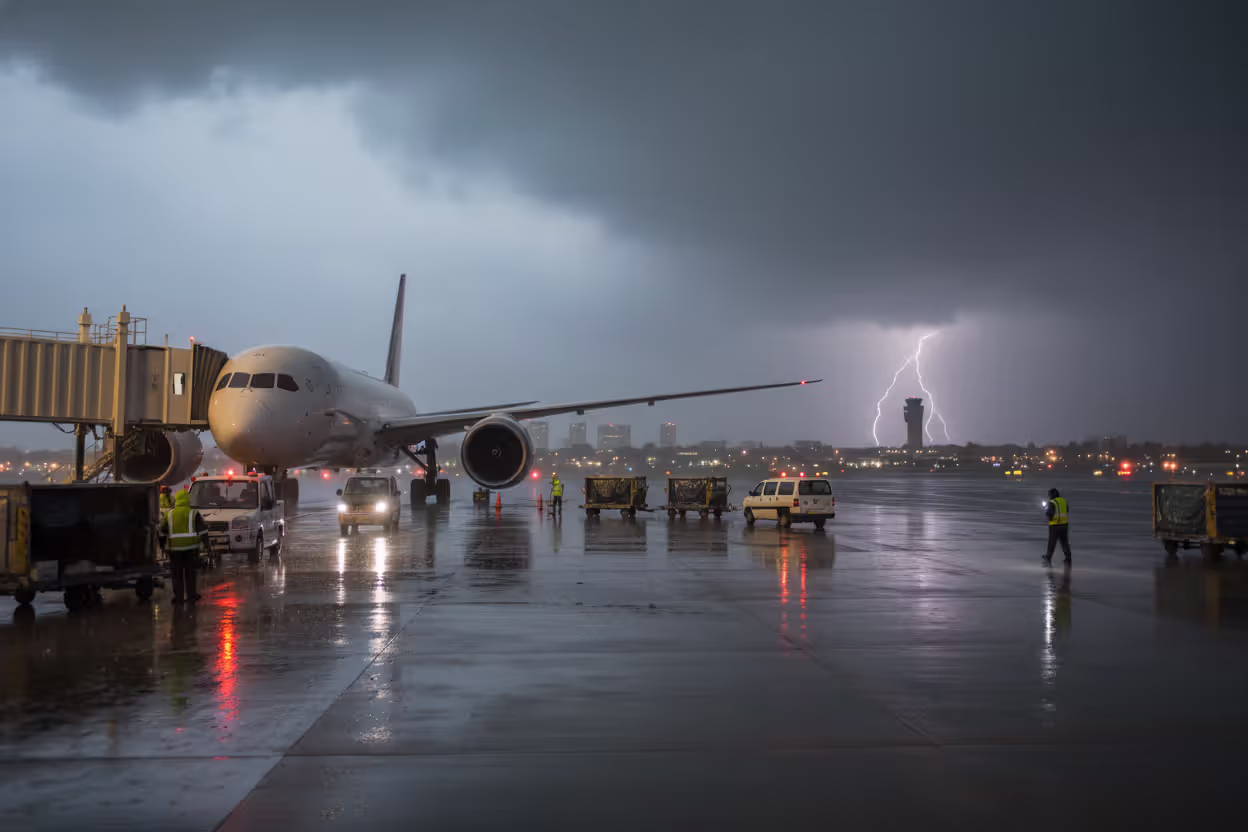Airplane at the gate during a weather-related delay