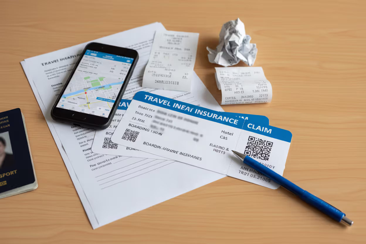 Boarding passes, receipts, and travel documents prepared for an insurance claim