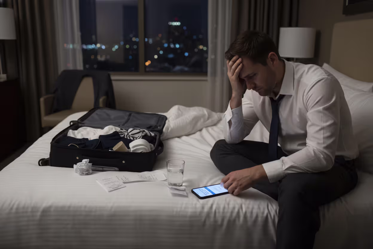 Traveler in a hotel room after missing a connecting flight