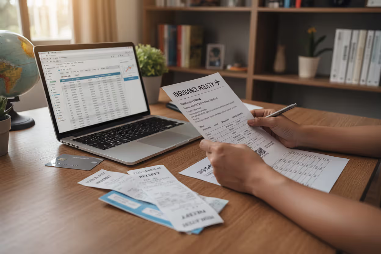 Traveler reviewing travel insurance policy and trip receipts