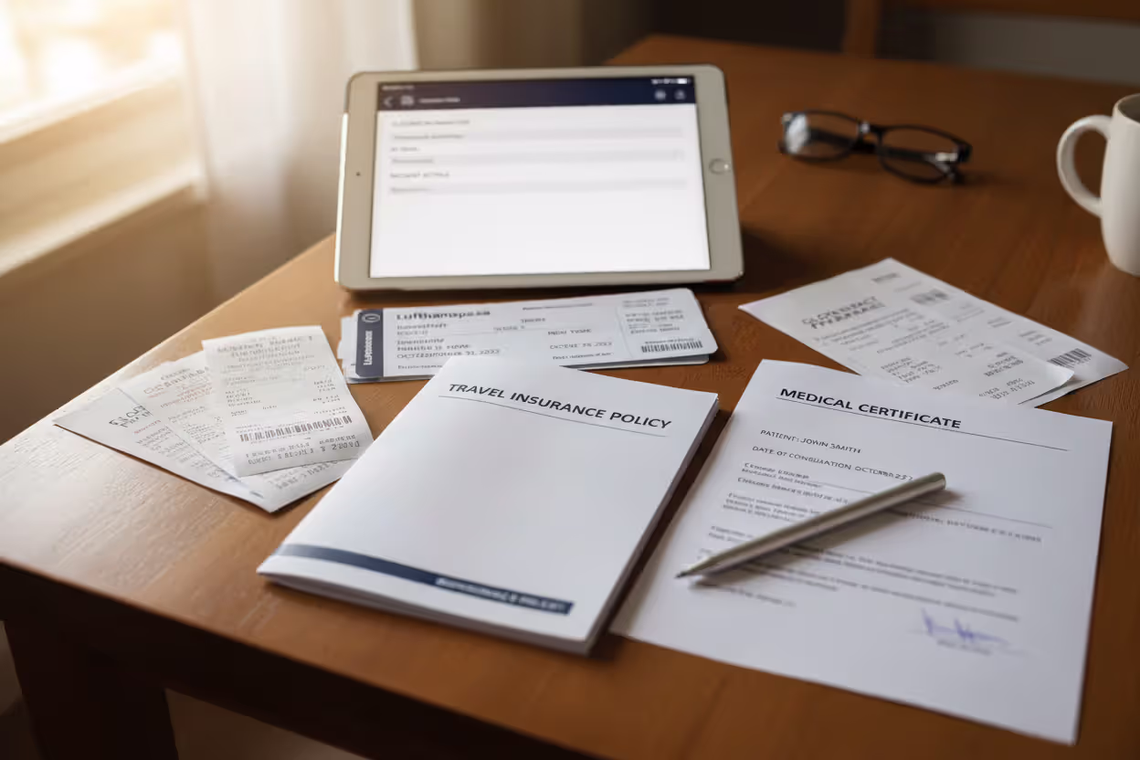 Travel insurance claim documents arranged on a desk