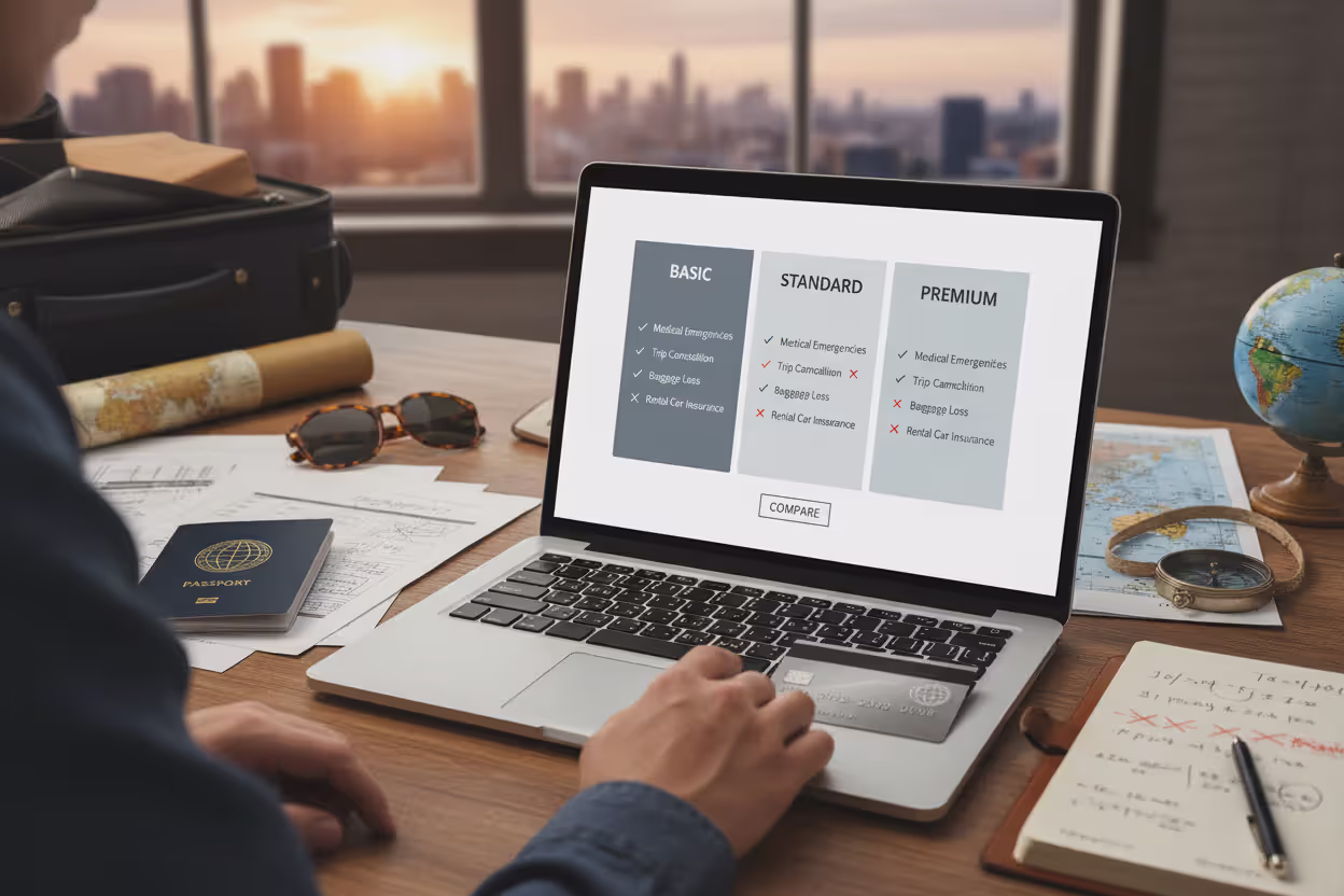 Traveler comparing travel insurance plans and trip budget