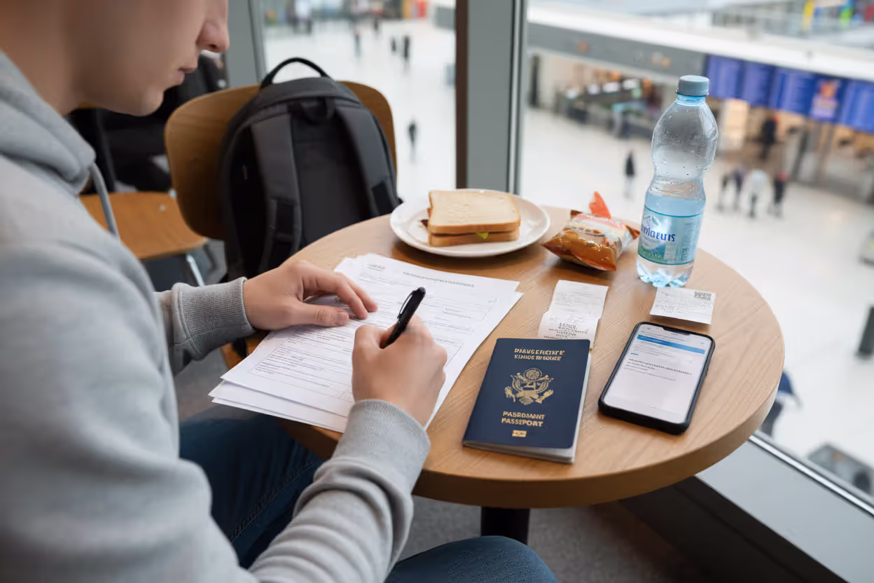 Traveler organizing receipts for a travel delay insurance claim