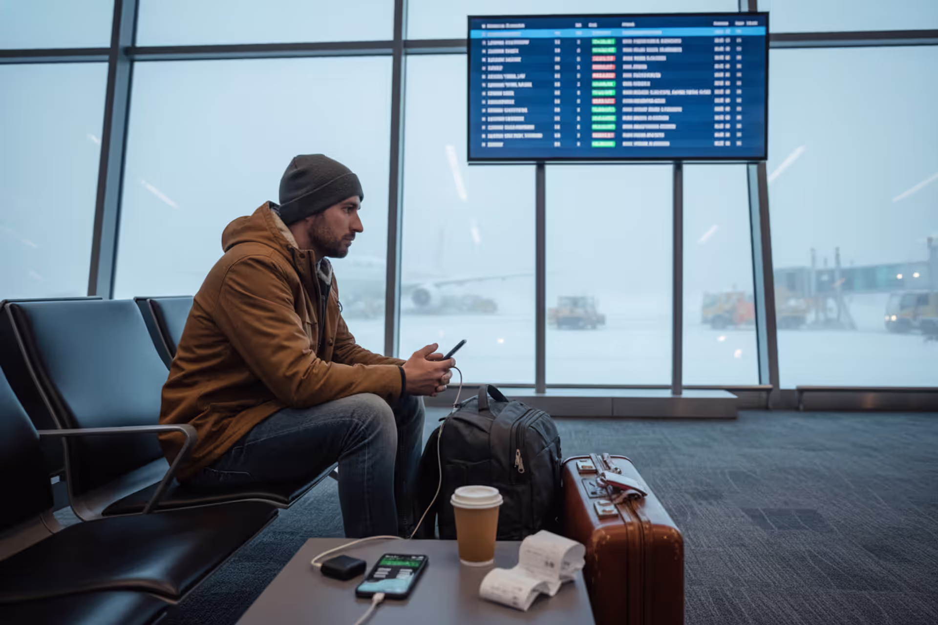 Traveler waiting at an airport during a flight delay