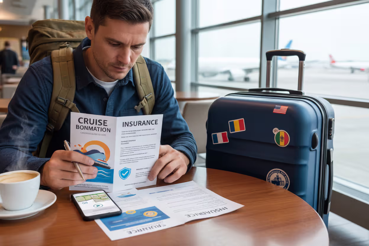 Traveler reviewing cruise booking and travel insurance documents