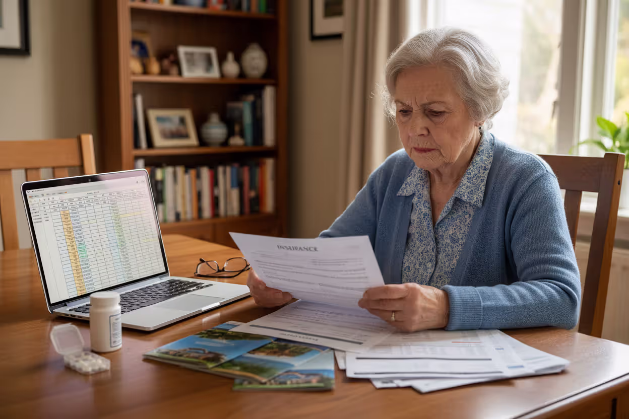 Senior traveler reviewing insurance denial and medical-related trip documents