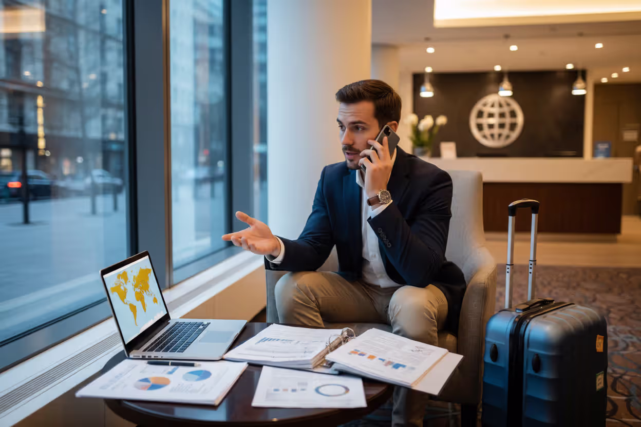 Employee contacting travel assistance service during business trip