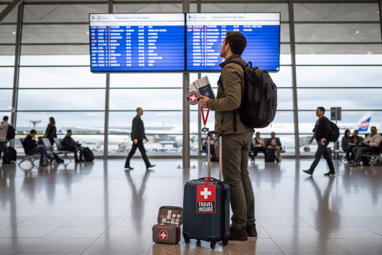 Travel insurance coverage concept with traveler, luggage, documents, and medical essentials