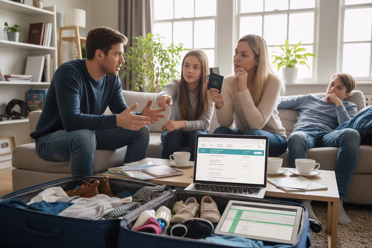 Family reviewing trip plans and deciding on travel insurance