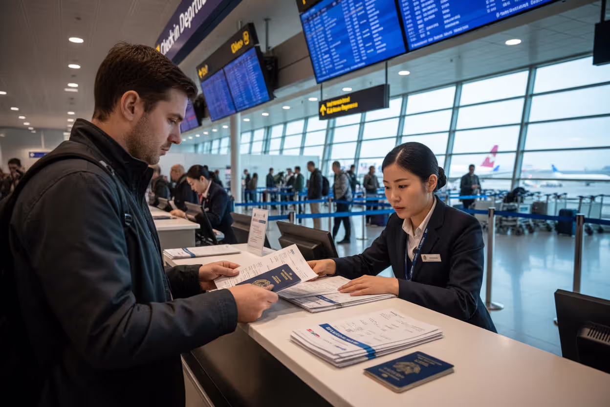 Airline check-in agent verifying a traveler’s documents at the airport