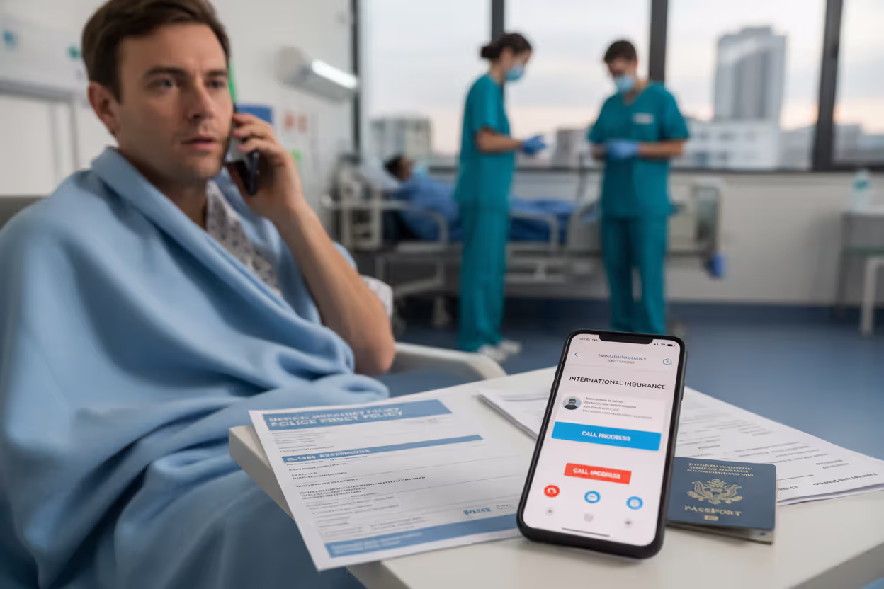 Traveler contacting insurance provider from a foreign medical facility