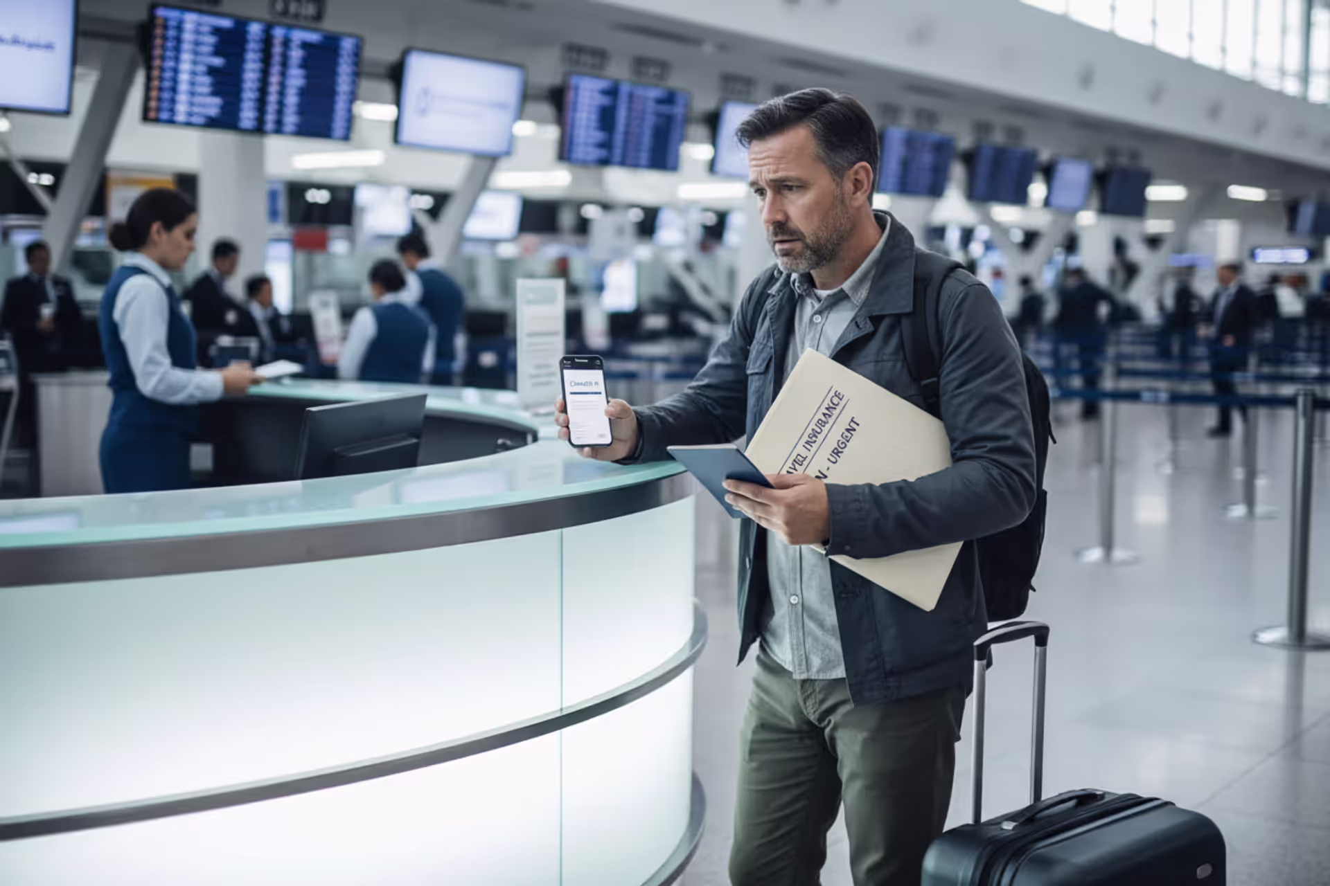 Traveler at an airport holding insurance claim documents and phone near luggage
