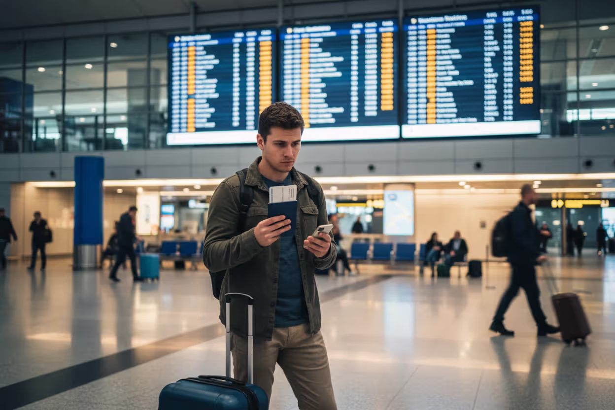 Traveler at an airport checking travel documents and thinking about insurance