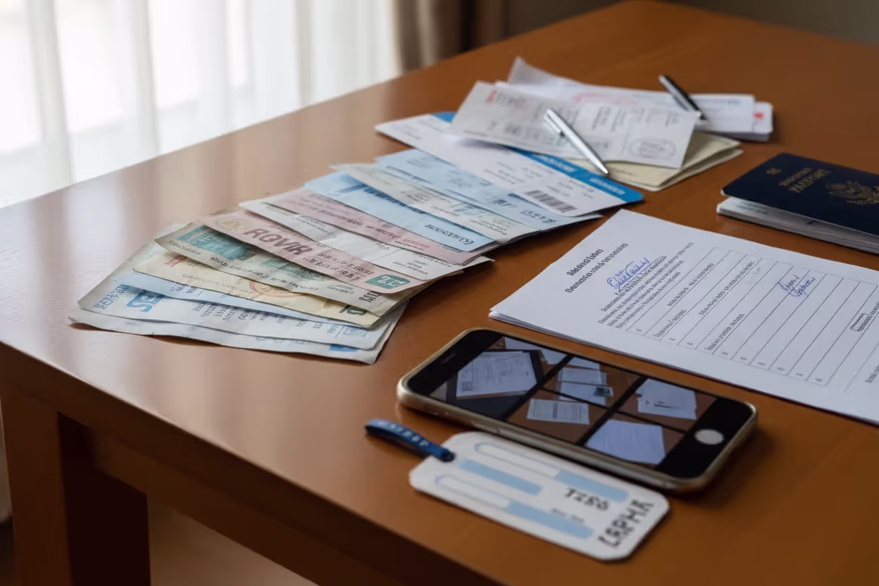Traveler organizing receipts and documents for a travel insurance claim