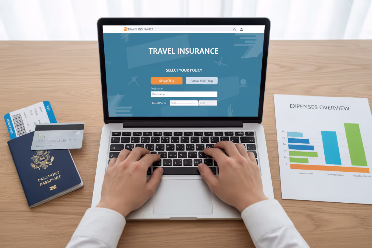 Person entering trip details to purchase travel insurance online
