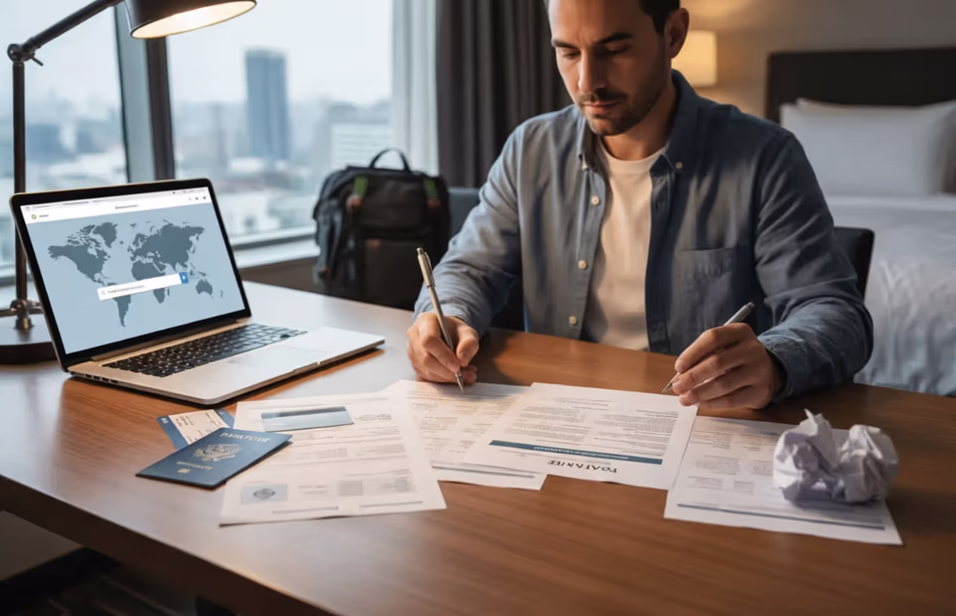 Traveler at an international airport holding passport and travel medical insurance on smartphone