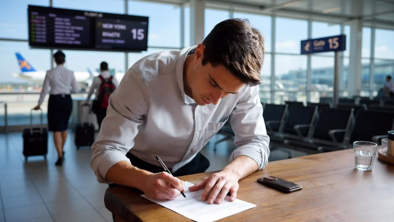 Passenger filing a baggage insurance or airline claim at airport desk