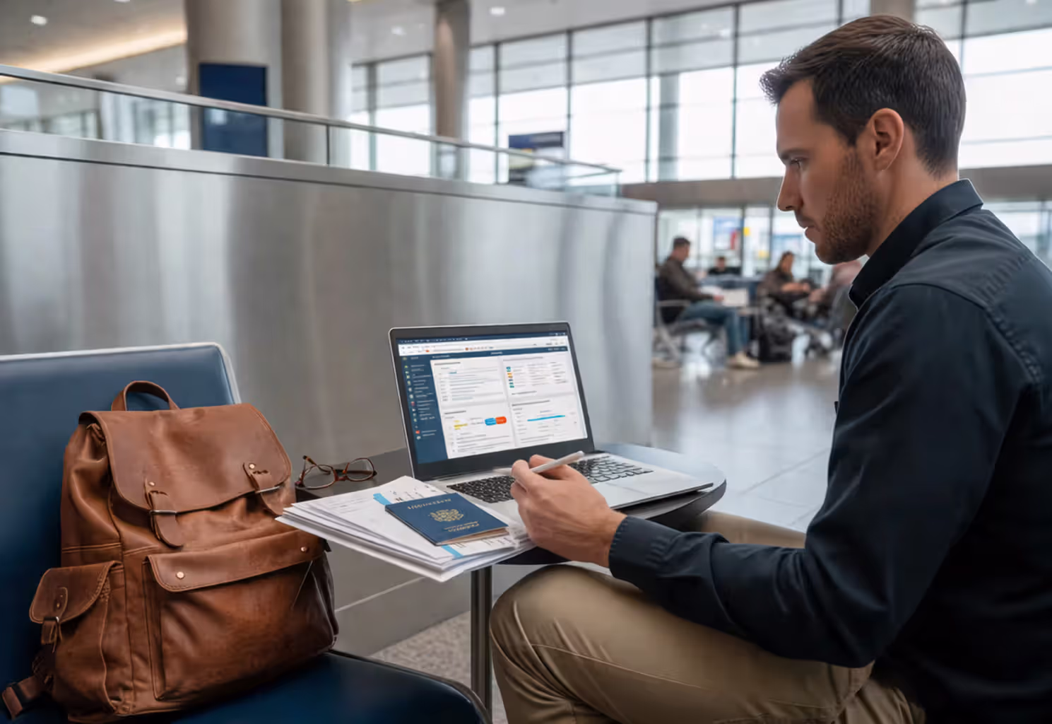 Traveler reviewing travel insurance policy details in an airport lounge