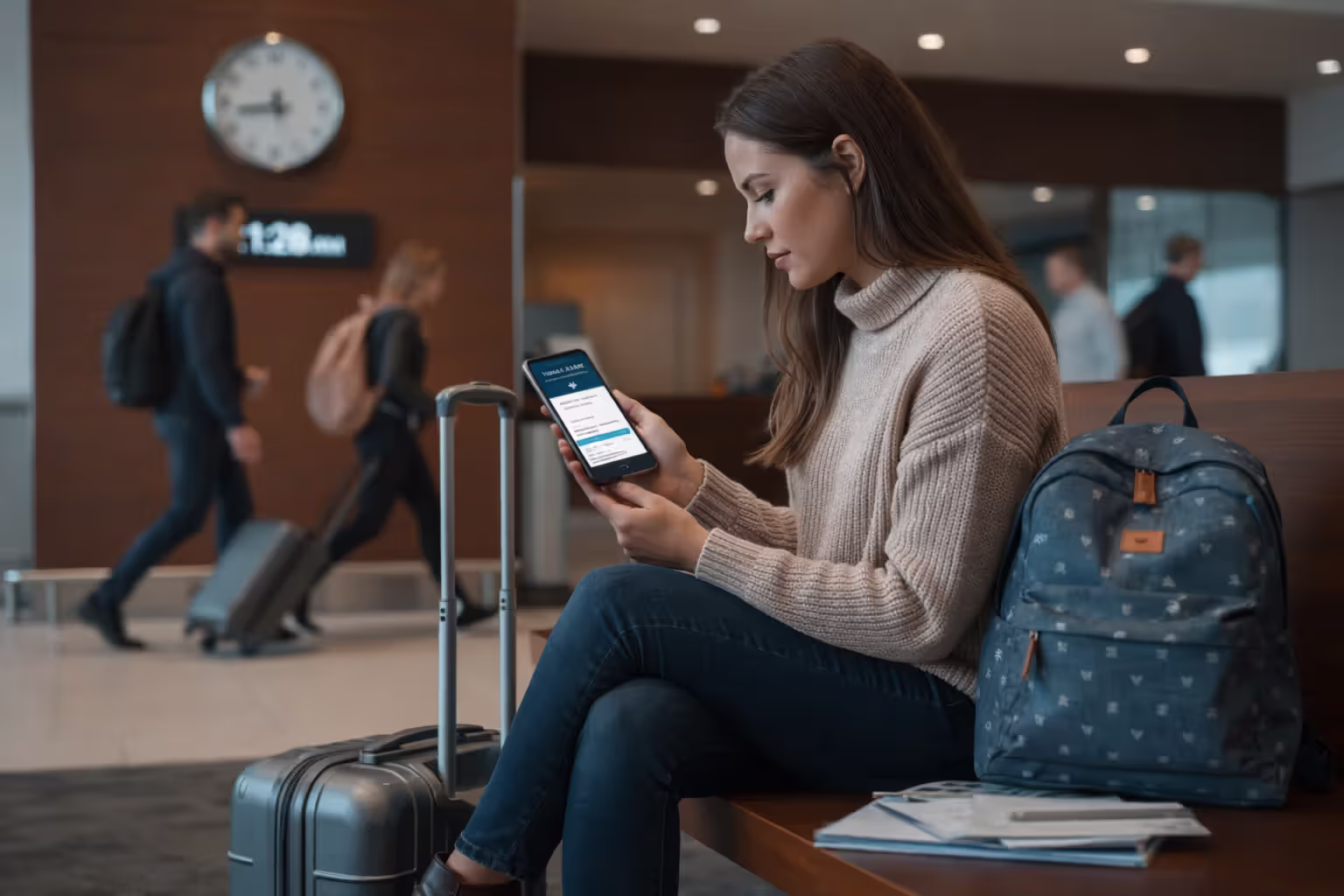 Traveler purchasing last-minute travel insurance on a smartphone